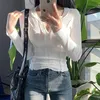 Koreansk Slim Sexig Långärmad Kvinnors Skjorta Topp Kvinna Half-Open Collar Kort Bottom Solid Fashion Blus Kvinnor 12582 210427