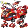 387 pièces 6in1 camions de lutte contre l'incendie voiture hélicoptère bateau blocs de construction ville pompier pompiers chiffres briques jouets enfant