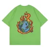 Printed Flame Earth Hip Hop Tshirt Drop Shoulder Oversized Men's T-shirt Cotton Tee Shirts 210603