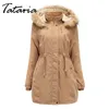 Tataria Dames Winter Warm Corduroy Parkas Lange mouw Big Bont Collar Dikke Parka Jassen 210514