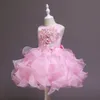 Roze Applique Girl's Pageant Jurken Hoge Kraag Prinses Jurk Kant Knielengte Bloem Meisjesjurken