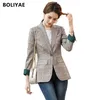 Boliyae mode affärer plaid kostym kontor damer långärmad vår och höst avslappnad blazer za temperamentjacka 211006