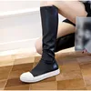 Women Knee High Long Stretch Boots Round Toe Fion Pleated Leather Black White Stitching Color Velvet Non-slip Ladies Shoes