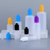 Garrafas plásticas coloridas 3ml 5ml 10ml 15ml 20ml 30ml 50ml 60ml 100ml 120ml E Frascos conta-gotas para líquidos com pontas longas e finas Tampas invioláveis à prova de violação