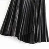 Black Faux Leather Pleated Skirt Streetwear Asymmetrical Midi Shirt With Belt Autumn Winter Vintage Elegant Office 210515