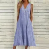 Casual Dresses Kvinna Midi Lös Klänning Striped V Neck Stor Hem Temperament Ärmlös Fickor Knappar Kvinna Sommar 2021