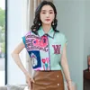 Verão coreano moda cetim mulher camisas escritório senhora manga curta camisa abotoada plus size xxl azul senhoras senhoras blusa 210531