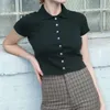90s Vintage Lapel Short Sleeve Tee Base T-shirts Cool Girl Single-breasted Button Crop Top Tight Rib-knitted Plain Tops 210429