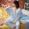 Lazy Princess Style Summer Bomull Kvinnor Pyjamas Set Lös Fritid Kortärmad Top + Pant Sleepwear Home Tracksuit 210809