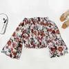 Mulheres Sexy Off Ombro Floral Impressão Blusas Tops Verão Longo Flare Manga Chiffon Boho Blusas Ropa de Mujer 210416