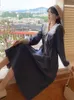 Vintage Elbise Kadınlar Tatlı Dantel Peter Pan Yaka Fransız Zarif Uzun Kollu Dantel-Up Peri Tek Parça Elbise Kore Bahar Chic 210409