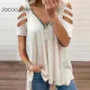 Jocoo Jolee Women Summer Sexy V-Neck Zipper Solid Short Sleeve T-Shirt Casual Vintage Loose Screw Thread Basic Office Lady 210619