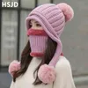Winter Women's Knitted Hat Mixed Color Scarf 2pcs Set Warm Plush Lining Skullies Beanies Hats with 3 Balls Pompom Ear Cap Female