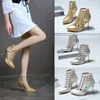 Stiefel 2021 Mode Gold Mesh Stiletto High Heels Spitzschuh Knöchel Für Frauen Zurück Reißverschluss Damenschuhe