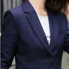 Navy Blue Plaid Suit Higt Eed Formal Interview Business Slim Blazer And Pants Office Ladies Fashion Work Wear Black 210604