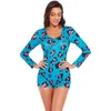 OMSJ Casual Kobiety Sportowy Trening Biker Szorty Playsuits Blue Leopard Drukuj Z Długim Rękawem V-Neck Bodycon Pani Nightwear 210517