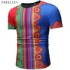 アフリカの花のプリントメンズTシャツヒットカラーストライプの民族スタイル夏のメンズTシャツカジュアルスリムフィットOネックトップスTシャツ210524