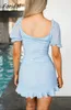 Rushed Lace Up Side Bodycon Dress Women Solid Blue Summer Mini Female Elegant Vestidos Korean 210427