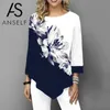 Moda Floral Printed Bluzka Kobiety Koszule 5xl Plus Rozmiar 3/4 Długie Rękawy Nieregularne Hemline O Neck 2022 Wiosen Tuniki Dorywczo Top Damska BLO