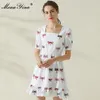 Fashion Designer Summer Elegant White Dress Women Square collar Short sleeve Dragonfly Embroidery Party Mini 210524