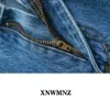 XNWMNZ ZA Kvinnor Mode Premium Marine Straight Jeans Vintage Patch Fickor Seamless Hems Hög Midja Zip Fly Button Denim Kvinna 210708