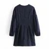 Dorywczo Rękaw Lantern Mini Dress Vintage Navy Blue Slim Kobiet Bluzki O-Neck Solid Color 210421