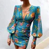 Women Sexy Deep V Neck Floral Print Long Lantern Sleeve Ruched Dress Summer Elegant Female Bodycon Party Dress Vestido 220310