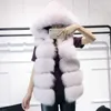 Kolsuz Faux Kürk Yelek Kış Rahat Giyim Kadın Katı Sahte Fox Kürk Kapüşonlu Paltolar Lady Moda Kürk Yelek Femme 210927