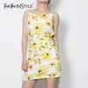 Kadınlar için Sarı Baskı Sling Elbise Kare Yaka Kolsuz Backless Yüksek Bel Mini Elbiseler Kadın Yaz 210520