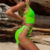 Verano Mujer Moda Falda Conjunto Sólido Neón Verde Alto Cintura Tank Top Paso Hollow Out Mujer Holiday Beach Wear Trajes 210517