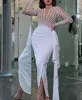 Silver Sexy V-Neck Mermaid Prom Dresses 2020 Long Sleeves white African Formal Evening Gowns Graduation see though Party Dresses 2022