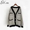 H.Sa Kobiety Sweter Kurtka Oversized dzianiny Cardigans Loose Plaid Skoczkowie Koreański Houndsmooth Robe Długie Elegnat Samica Płaszcz 210417