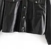 Femmes noir Faux cuir manteau veste Atumn hiver mode poches col rabattu vestes courtes femme Streetwear Outwear 210414