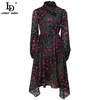 Fashion Runway Dress Women Summer Elegant Vintage Flowers Polka Dot print Asymmetrical Midi Dresses Vestidos 210522