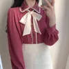 Korean Chic Spring Autumn Women Gorgeous Blouse TurnDown Collar Floral Embroidery Chiffon Blusas Vintage Elegant Bow Lady Shirt 210401