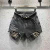 ビンテージパッチワークプリントレオパードデニムショート女性ハイウエストカジュアルルーズショートパンツ女性夏のファッション服210531
