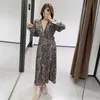 Outono boho impressão cetim vestido mulheres elegante bohemian maxi mulher manga longa plissado cintura elástica senhira es 210430