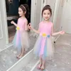 Dress Girl Floral Princess Asymmetrical Party Mesh Child Cute Style s Clothes 6 8 10 12 14 210528