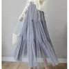 Noir Long gris plissé Tutu jupes été Vintage femmes élastique taille haute maille Midi Tulle femme Jupe Longue Saia 210421