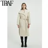 TRAF Kadınlar Moda Kemer Ile Gevşek Parkas Wrap Yastıklı Ceket Vintage Uzun Kollu Yan Tabanlar Kadın Giyim Chic Palto 210415