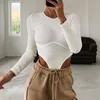 TiulZial O Neck High Waist Sexy Jumpsuits Bodysuit Ribbed Knitted Women Autumn Body Female For Woman Hollow Out Top White Gray Wom7562685