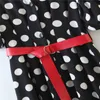 ZA Polka Dot Kemer Midi Elbise Kadın V Yaka Kısa Balon Kollu Kadın Zarif Ofis Yaz Elbise Ön Düğme Günlük Elbiseler 210602