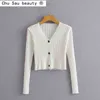 Wiosna Jesień Moda Vintage White V-Neck Pit Paski Z Długim Rękawem Z Długim Rękawem Knitted Cardigan Swetry Kobiety Topy 210508