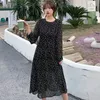 Zarif Baskı Uzun Kollu Bahar Kadın Elbise Yaz Rahat O-Boyun Şifon Bir Çizgi Vintage Parti MIDI 13200 210427