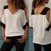 Women's Patchwork Cold Shoulder T-shirt 5XL Plus Size Tops V-Neck Half Sleeve Female Tee Shirt Summer Casual T Shirt For Women 210518