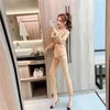 spring fashion temperament women Two Piece Sets Diamond-studded mesh long-sleeved jacket + pants suit 2 sets 210531