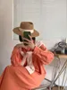 Primavera Autunno Arancione Camicia elegante casual Abbigliamento coreano Sciolto tinta unita Manica lunga Scialle Splicing Vintage Maxi 210514