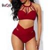 BaQGW 5XL Plus Size Women's Sexy Cross Swimwear High Waist Bandage 2PCS Halter Bra Set Swimsuit Solid Bathing Suit Beachwear X0526