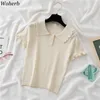 Lato Solidna koszulka Kobiety Krótki Rękaw Dziane Tshirts Slim Korean Moda Tees Peter Pan Collar Ruffles Casual Topy 210519