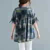 Surdimensionné Femmes Coton Lin Casual Blouses Nouvelle Arrivée D'été Simple Style Vintage Imprimer Lâche Femme Tops Chemises S3528 210412